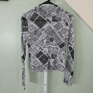 Garage Sheer Long Sleeve Mock Neck Shirt Newspaper Print Size Large